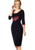 Vestido Midi Tubinho Preto com Bordado Floral