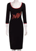 Vestido Midi Tubinho Preto com Bordado Floral