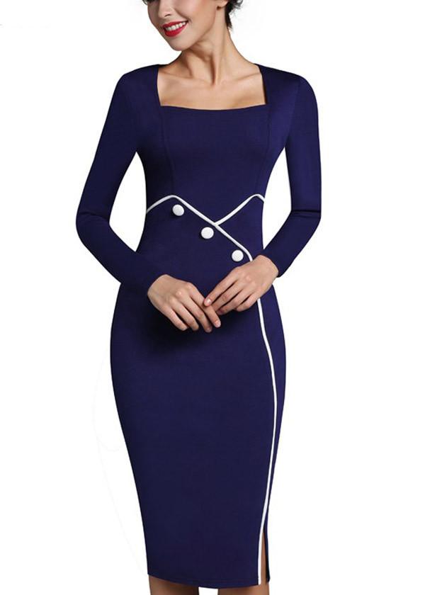 Vestido Midi Tubinho Decote Quadrado com Fenda
