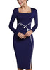 Vestido Midi Tubinho Decote Quadrado com Fenda