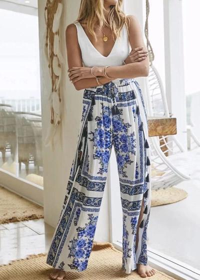 Calça Pantalona Estampada Floral com Fenda
