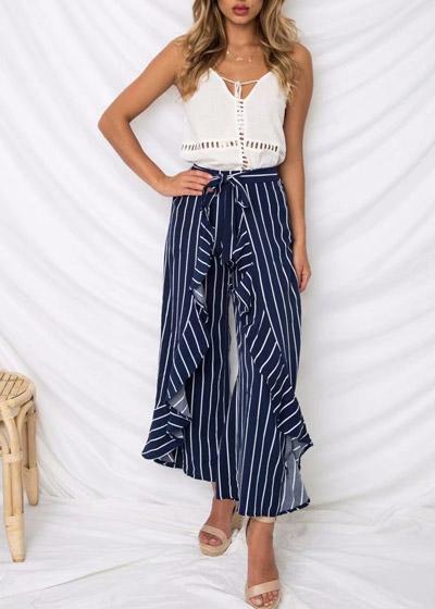 Calça Pantalona Listrada com Babados