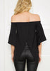Blusa Ombro a Ombro Bordado Floral e Manga Flare