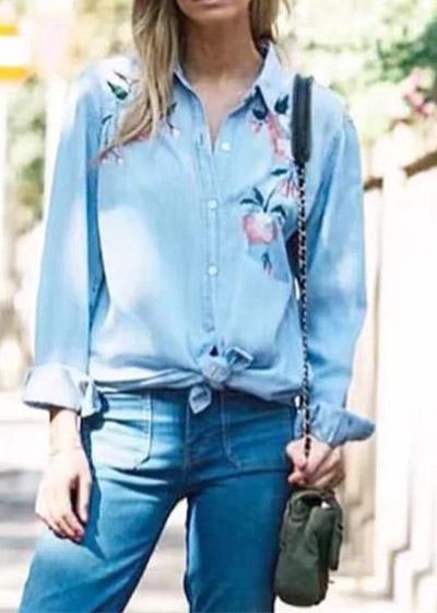Camisa Jeans Feminina Bordada