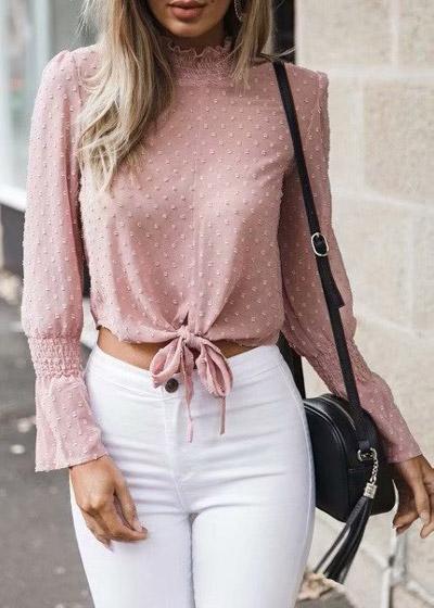 Blusa Cropped de Poá Com Babado na Gola
