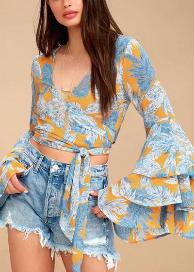 Cropped Estampado de Amarrar Manga Flare