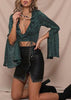 Cropped Manga Flare Estampado Poá com Babado