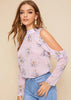 Blusa Ombro Vazado Estampada com Babado