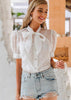 Blusa Manga Bufante Branca Gola Laço