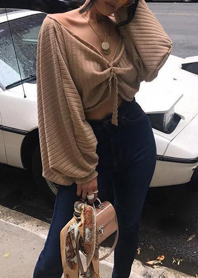 Blusa Cropped Manga Longa em Malha Canelada