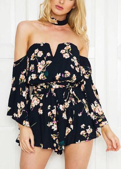 Macaquinho Floral Ombro a Ombro Com Choker