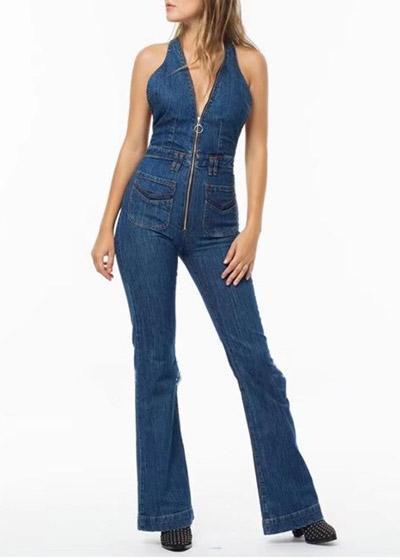 Macacão Jeans Flare com Ziper na Frente