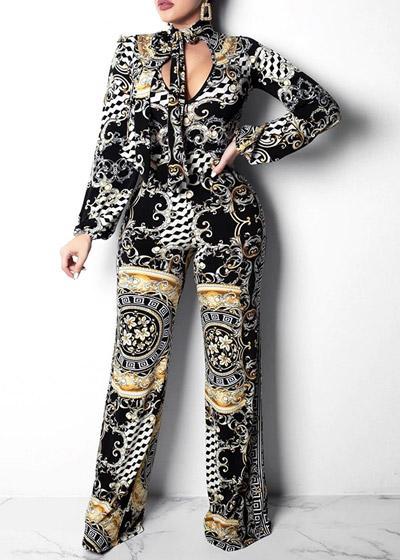 Macacão Longo Flare Estampado Gola Alta