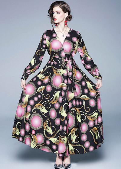 Vestido Longo Evase Estampado com Manga