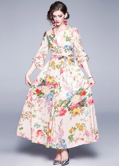 Vestido Longo Estampado Floral Manga Longa