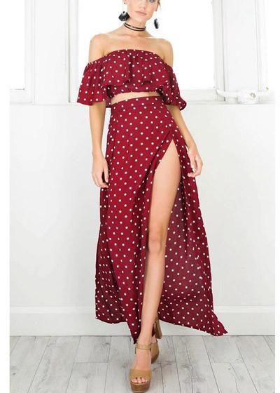 Conjunto Top Cropped E Saia Longa Poá Bolinhas