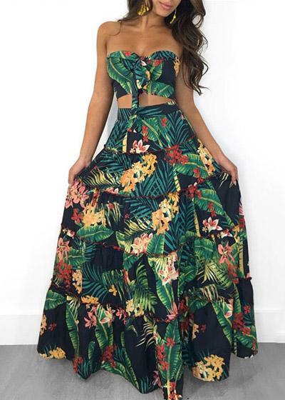 Conjunto Cropped e Saia Longa Floral com Babado
