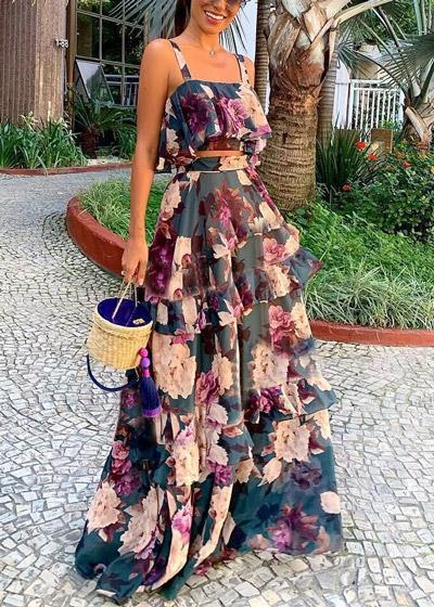 Conjunto Estampado Cropped e Saia Longa com Babado