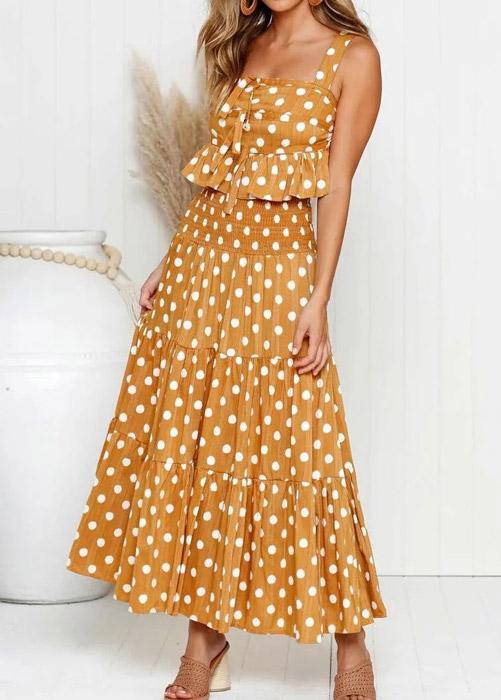 Conjunto Cropped e Saia Longa Estampada Poa