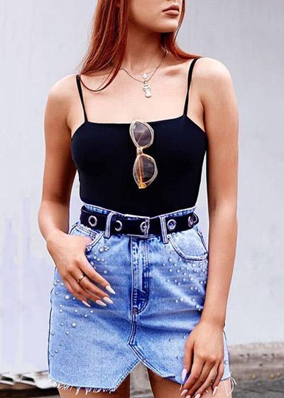 Saia Jeans com Perolas e Abertura na Frente