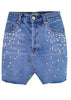 Saia Jeans com Perolas e Abertura na Frente