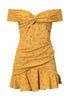 Vestido Curto Ombro Caído com Babado na Barra