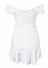 Vestido Curto Ombro Caído com Babado na Barra