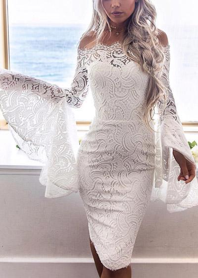 Vestido de Renda Ombro a Ombro Manga Flare