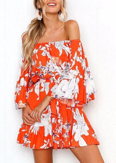 Vestido Ombro a Ombro Estampado Manga Flare