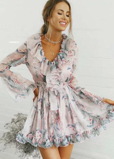 Vestido Manga Flare Estampado com Babado