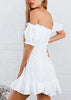 Vestido Ombro a Ombro Curto com Babado na Barra