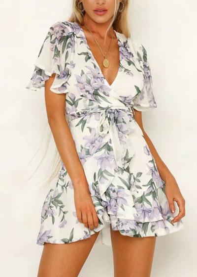 Vestido Manga Flare Curta Estampado com Babado