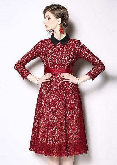 Vestido Evasê Midi Renda Gola Peter Estilo Ladylike