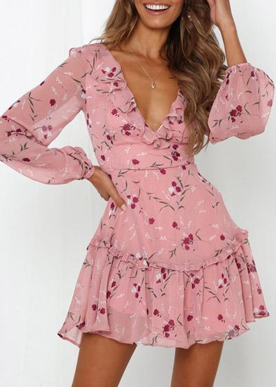 Vestido Curto Floral com Babado Manga Longa
