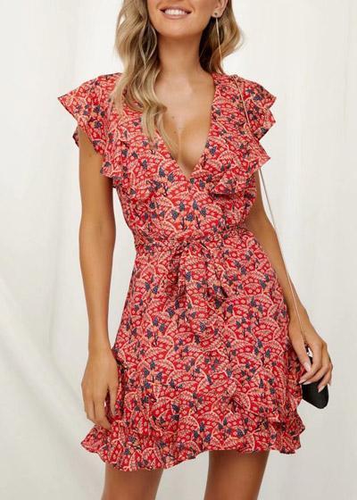 Vestido Curto Estampado Decote nas Costas com Babado