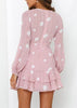 Vestido Curto Rodado Estampado Decotado com Babado