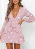 Vestido Curto Rodado Estampado Decotado com Babado