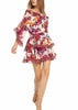 Vestido Ombro a Ombro Curto Estampado Manga Flare com Babado
