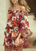 Vestido Ombro a Ombro Curto Estampado Manga Flare com Babado