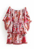 Vestido Ombro a Ombro Curto Estampado Manga Flare com Babado