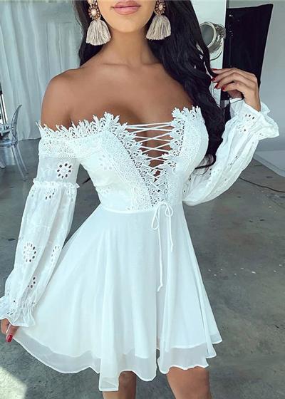 Vestido Branco Curto Rodado Ombro a Ombro com Trançado