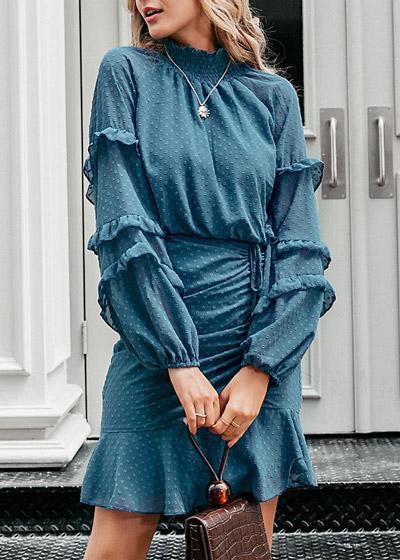 Vestido Estampa Poá Manga Longa com Babado na Barra