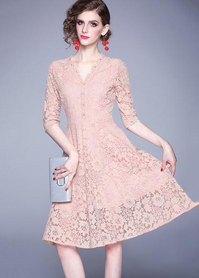 Vestido de Festa Renda Curto Rosa Manga 3/4