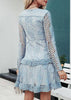 Vestido Curto Azul de Renda Manga Longa para Festa