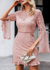 Vestido Rose Curto de Renda Manga Flare para Festa
