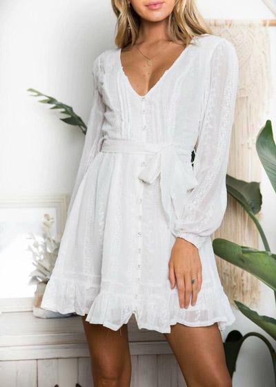 Vestido Curto Branco de Festa Manga Longa com Babado