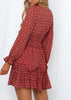 Vestido Curto Manga Longa Estampado com Babado na Barra