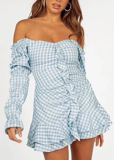 Vestido Curto Manga Longa Xadrez Ombro a Ombro