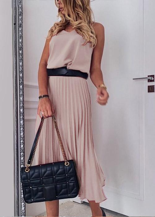 Vestido Plissado Midi Rosa