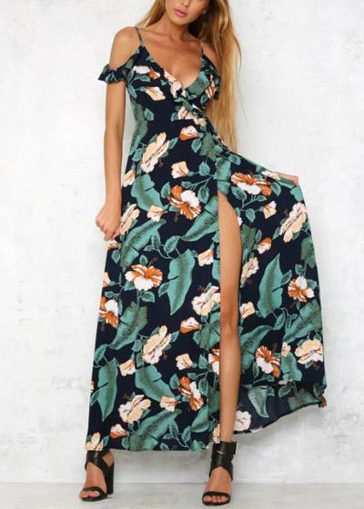 Vestido Longo Ombro Vazado Estampado
